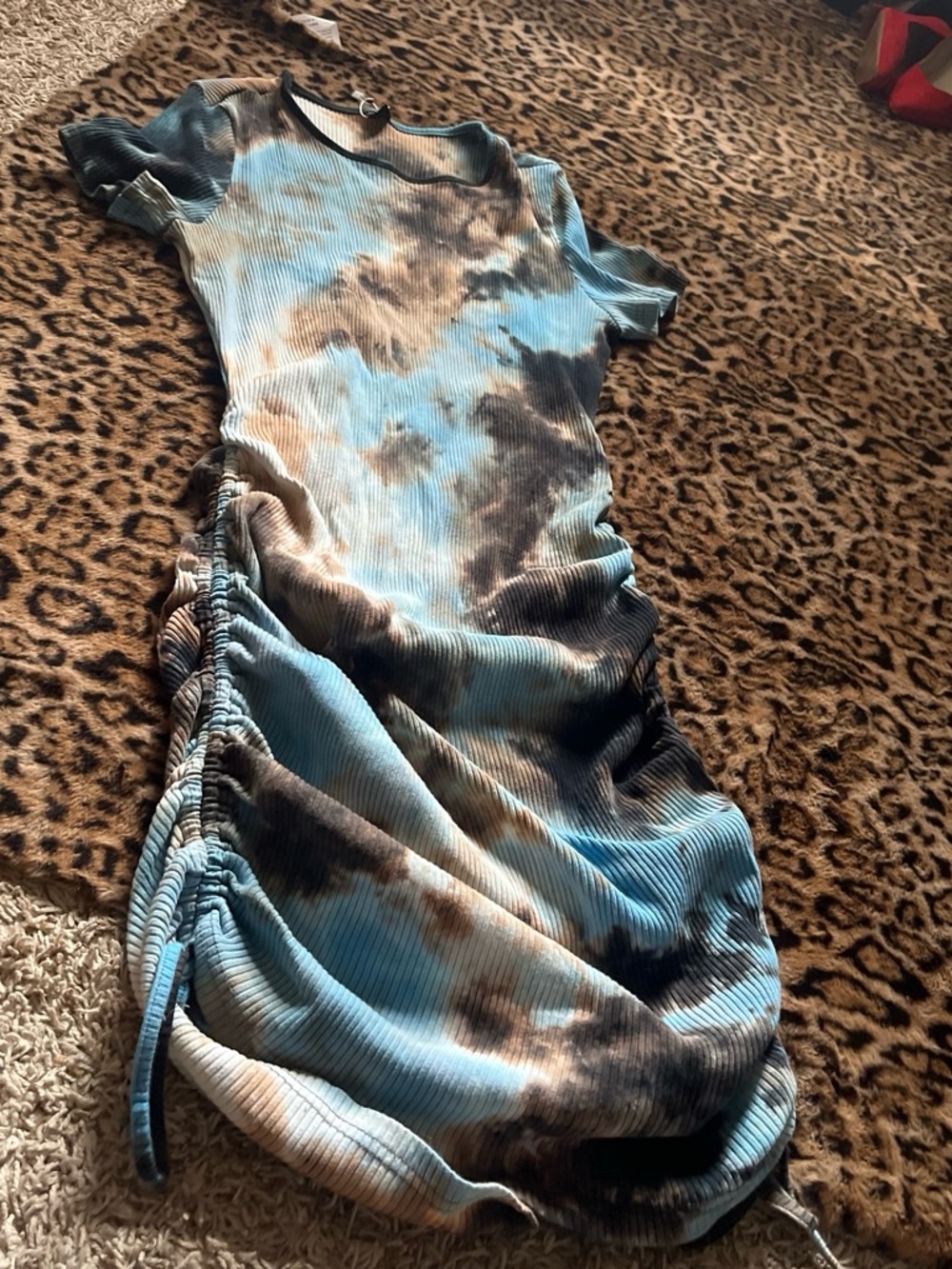 Fashion Nova Blue & Brown Tie-Dye Ribbed Ruched Midi Dress